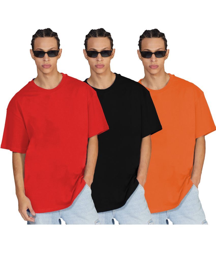     			Leotude Cotton Blend Oversized Fit Solid Half Sleeves Men's T-Shirt - Red ( Pack of 3 )