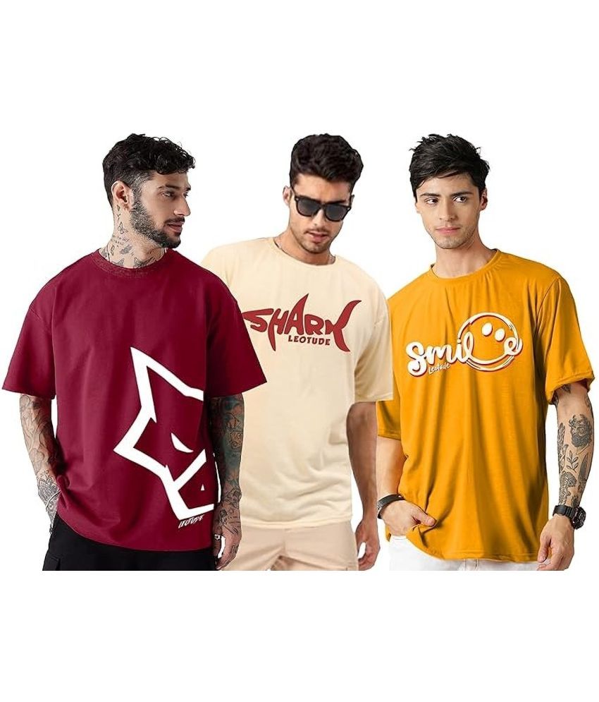     			Leotude Cotton Blend Oversized Fit Printed Half Sleeves Men's T-Shirt - Maroon ( Pack of 3 )