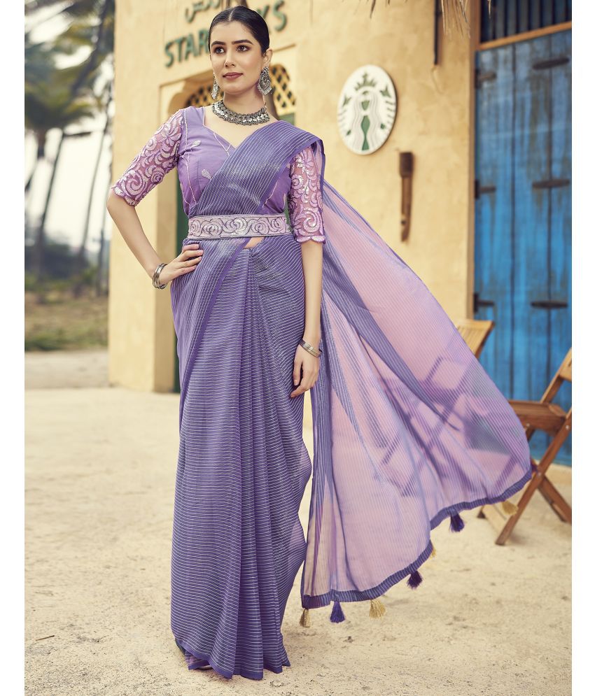     			Samah Chiffon Striped Saree With Blouse Piece - Lavender ( Pack of 1 )