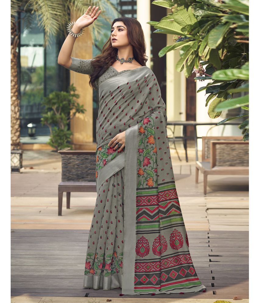     			Samah Cotton Printed Saree With Blouse Piece - Grey ( Pack of 1 )