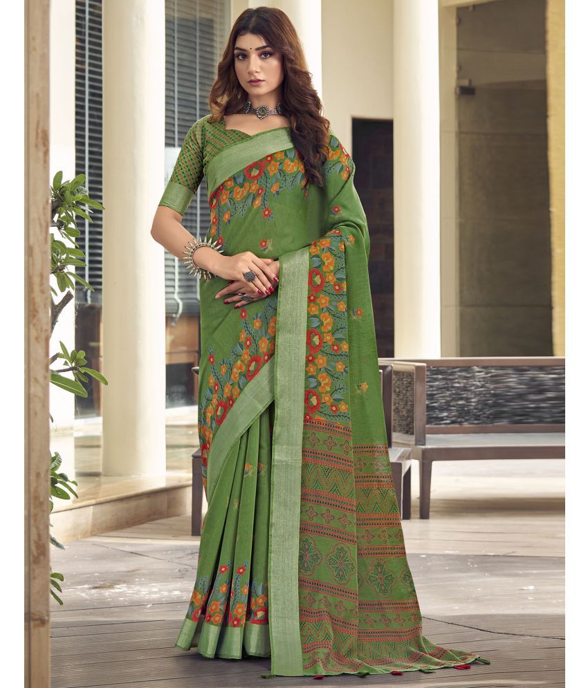     			Samah Cotton Printed Saree With Blouse Piece - Olive ( Pack of 1 )