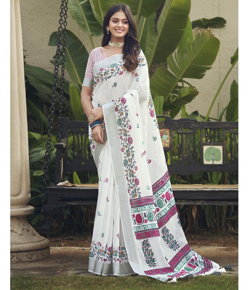     			Samah Cotton Printed Saree With Blouse Piece - Off White ( Pack of 1 )