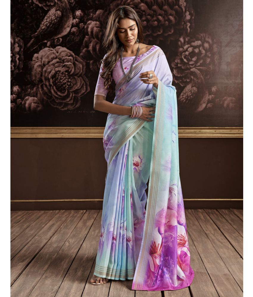     			Samah Cotton Silk Printed Saree With Blouse Piece - Light Blue ( Pack of 1 )
