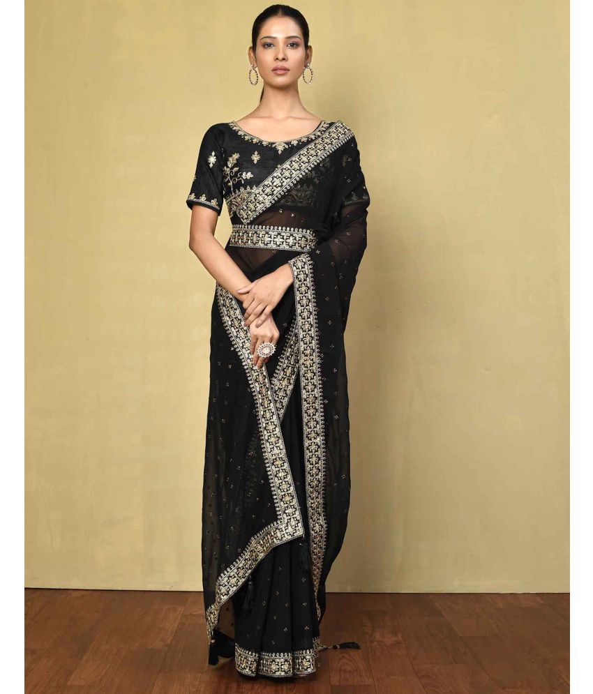     			Samah Georgette Embellished Saree With Blouse Piece - Black ( Pack of 1 )