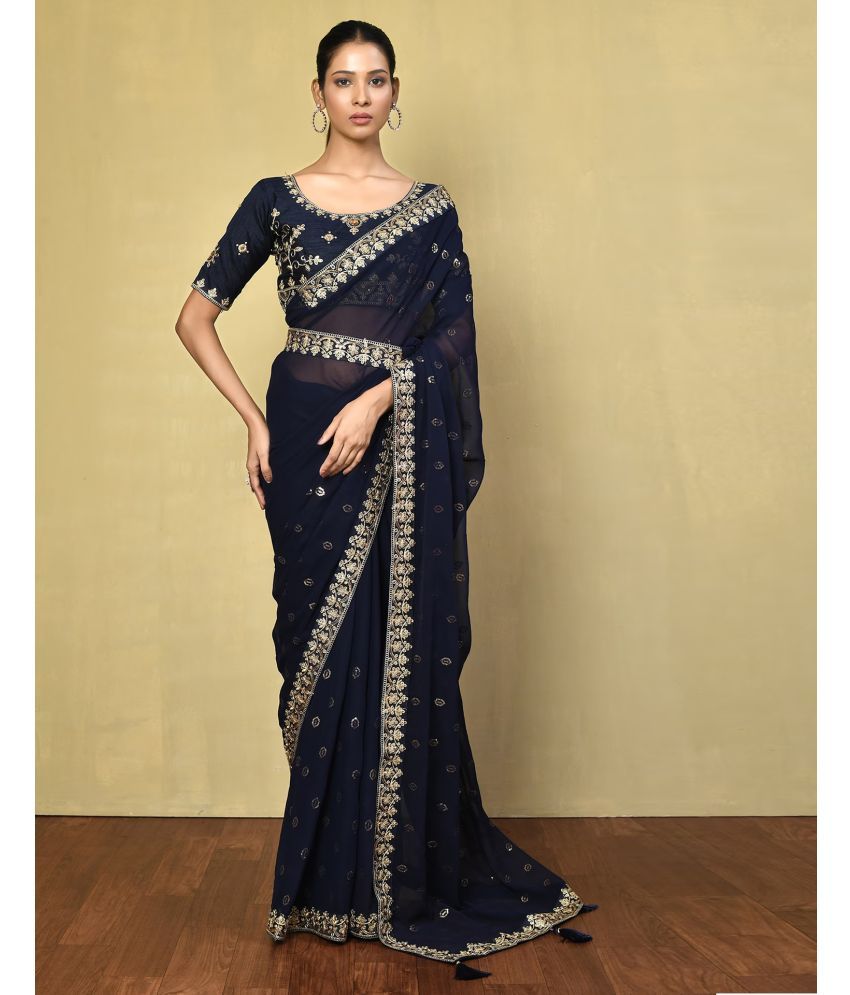     			Samah Georgette Embellished Saree With Blouse Piece - Navy Blue ( Pack of 1 )