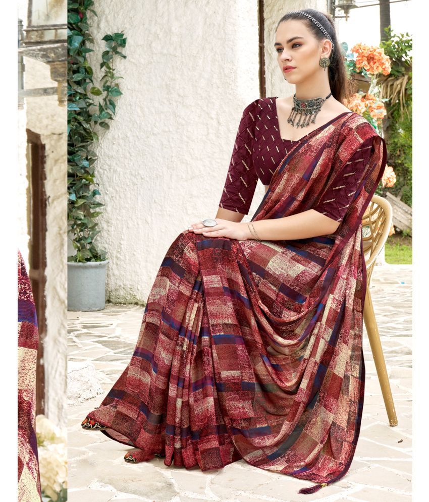     			Samah Georgette Printed Saree With Blouse Piece - Wine ( Pack of 1 )