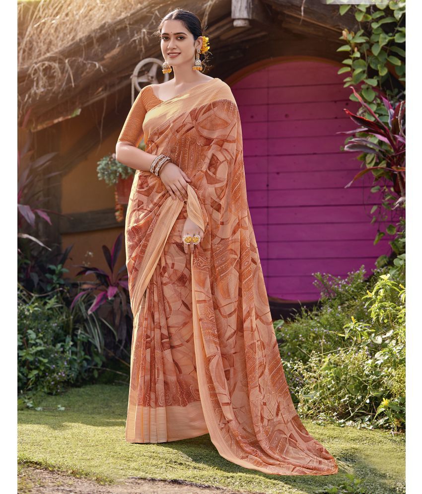     			Samah Georgette Printed Saree With Blouse Piece - Peach ( Pack of 1 )