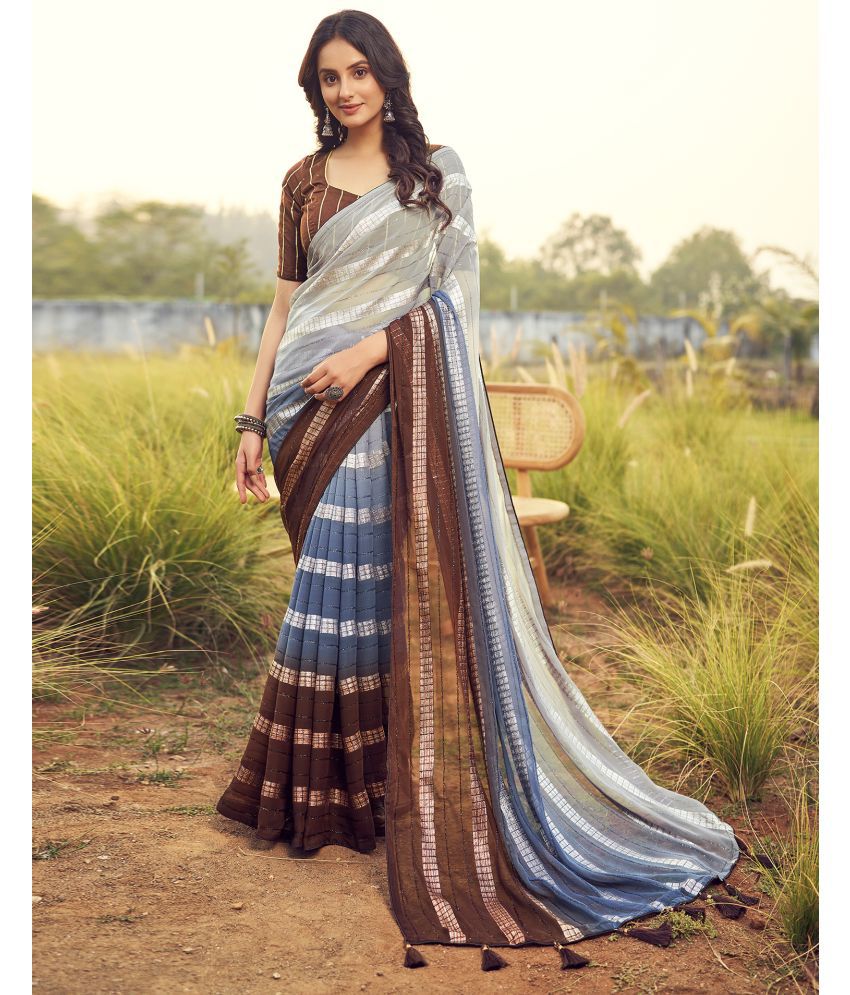     			Samah Georgette Striped Saree With Blouse Piece - Brown ( Pack of 1 )