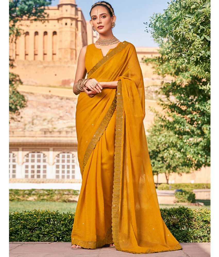     			Samah Shimmer Embellished Saree With Blouse Piece - Yellow ( Pack of 1 )