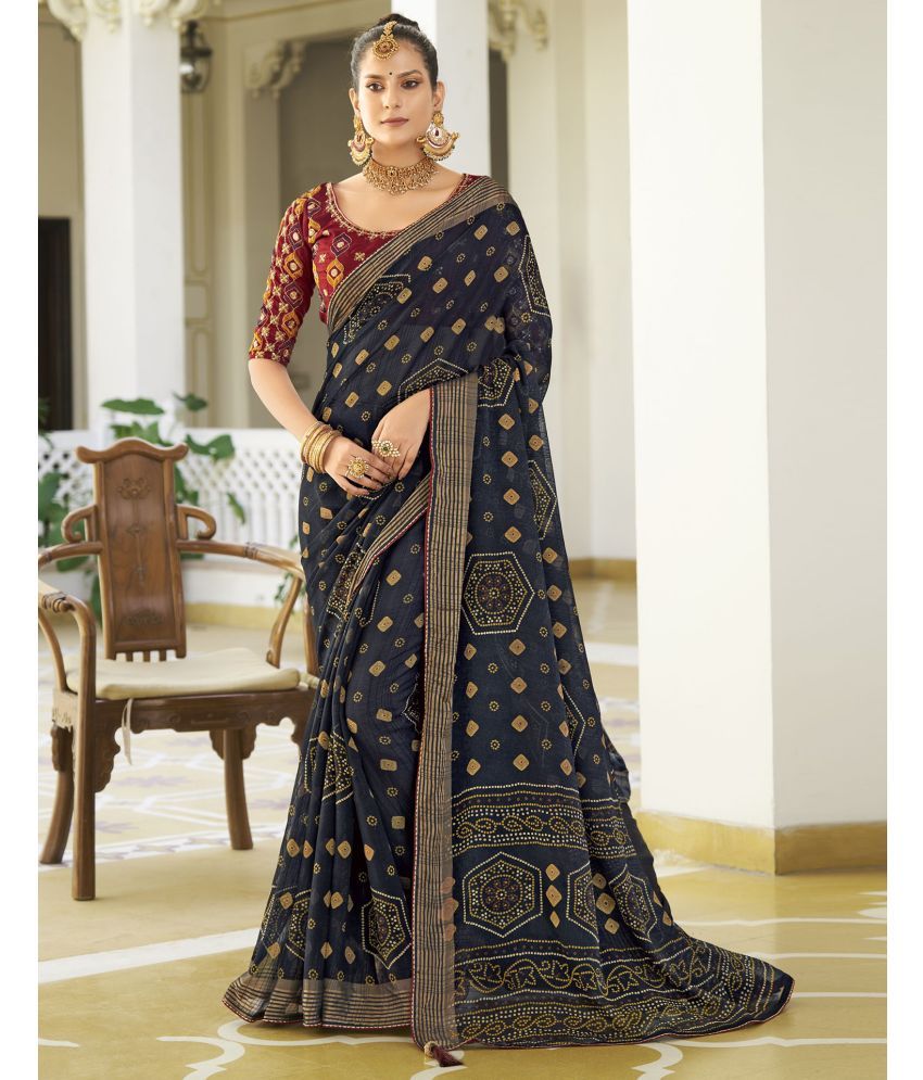     			Samah Shimmer Printed Saree With Blouse Piece - Navy Blue ( Pack of 1 )