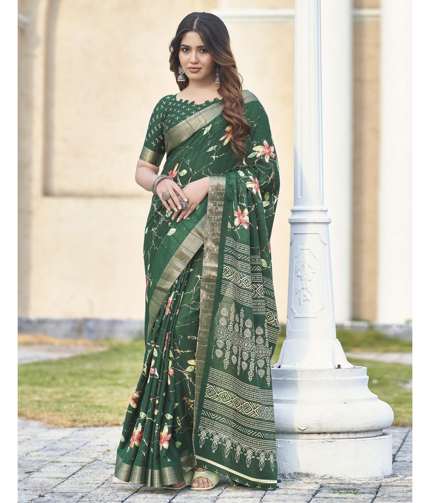     			Samah Silk Printed Saree With Blouse Piece - Green ( Pack of 1 )