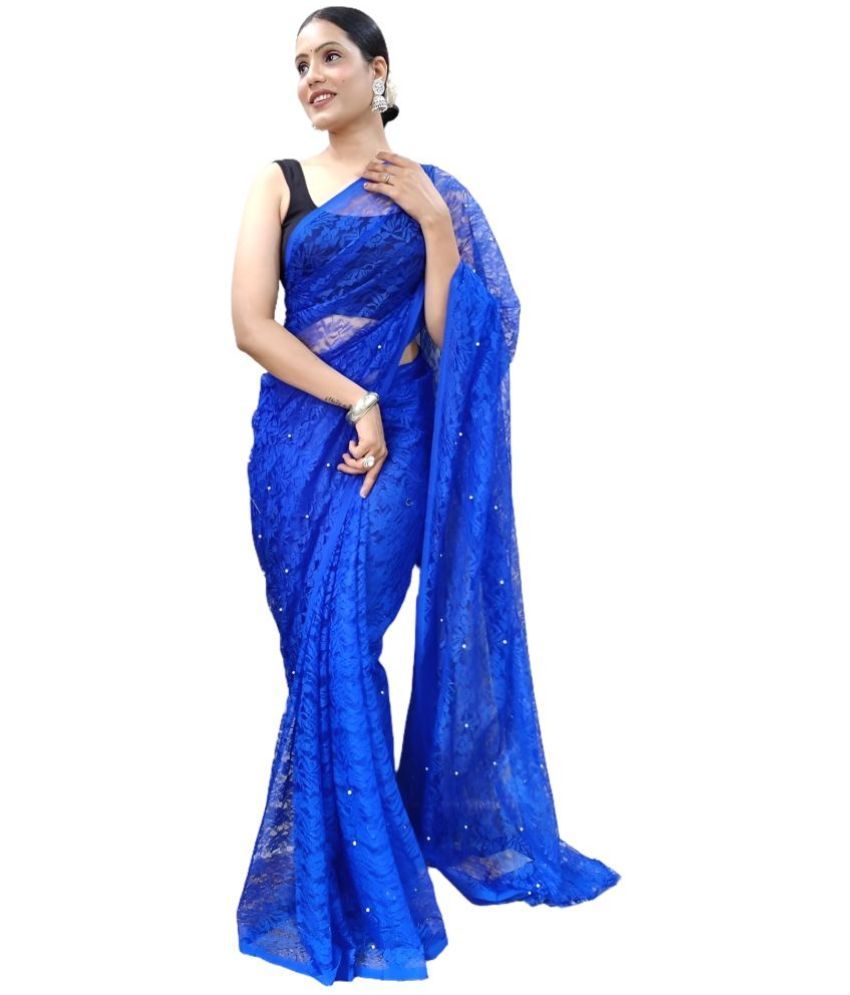     			Sidhidata Net Solid Saree With Blouse Piece - Blue ( Pack of 1 )