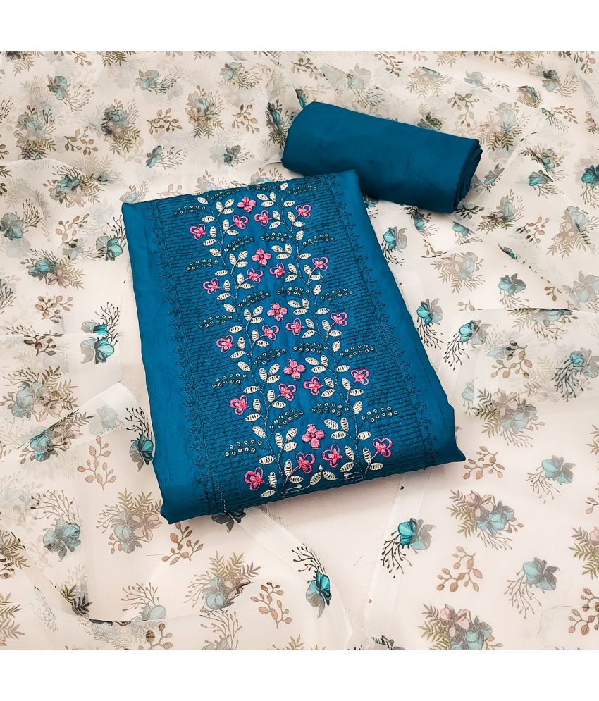     			A TO Z CART Unstitched Silk Embroidered Dress Material - Teal ( Pack of 1 )