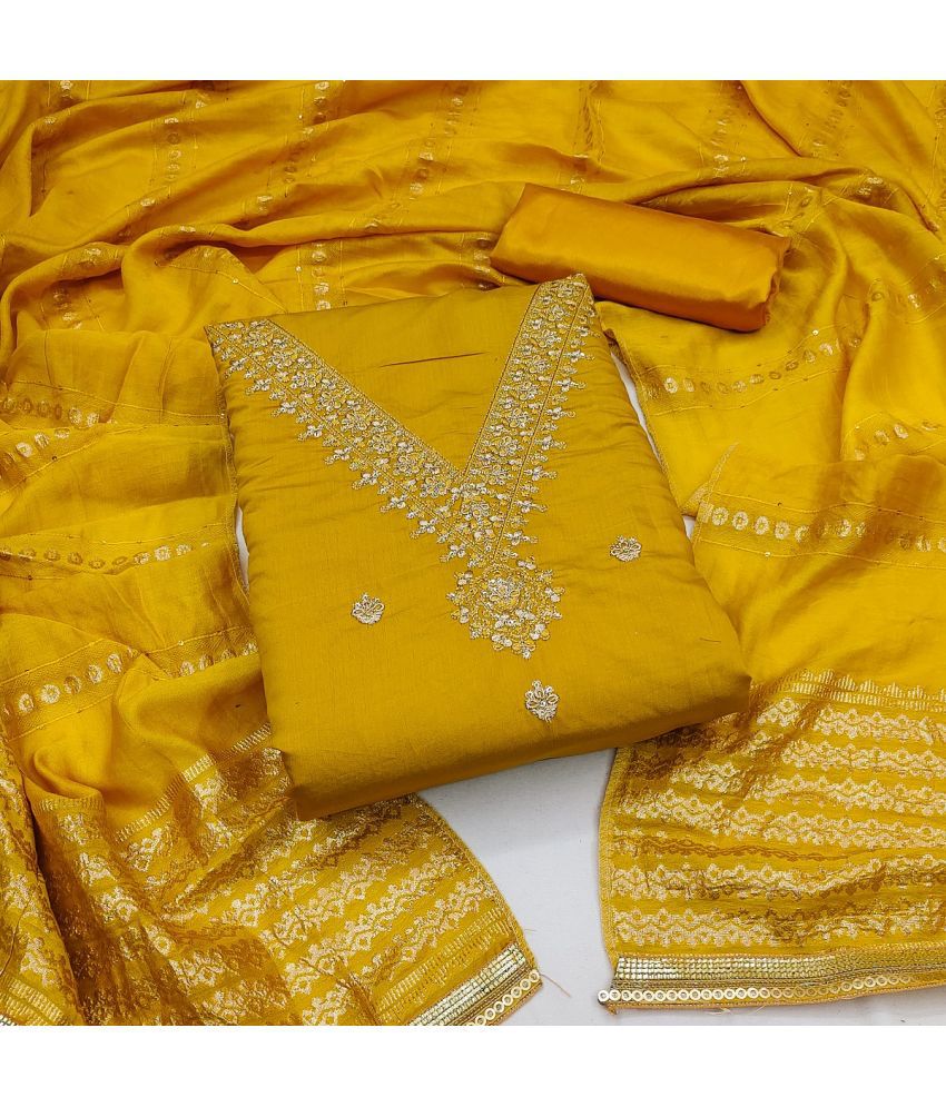     			A TO Z CART Unstitched Chanderi Embroidered Dress Material - Yellow ( Pack of 1 )