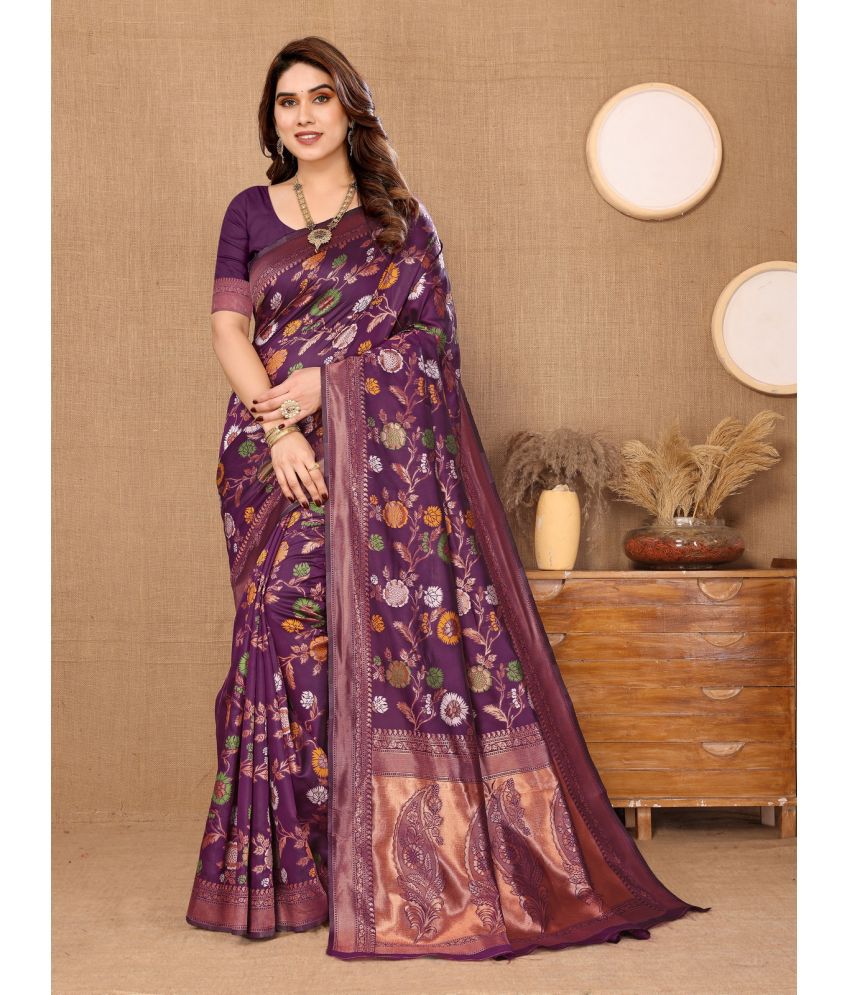     			NightBlue Banarasi Silk Self Design Saree With Blouse Piece - Purple ( Pack of 1 )