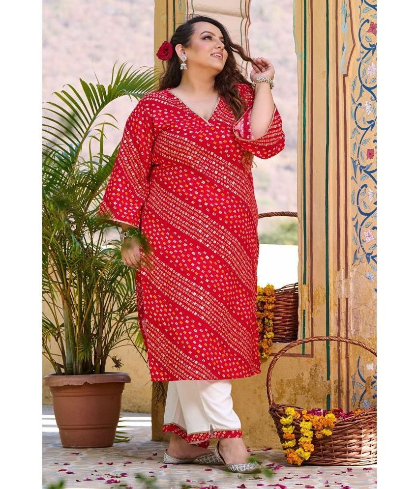     			PrettyPlus by Desinoor.com Rayon Printed Kurti With Pants Women's Stitched Salwar Suit - Red ( Pack of 1 )