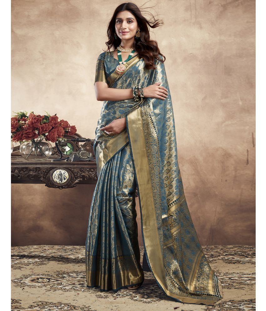     			Samah Art Silk Woven Saree With Blouse Piece - Teal ( Pack of 1 )