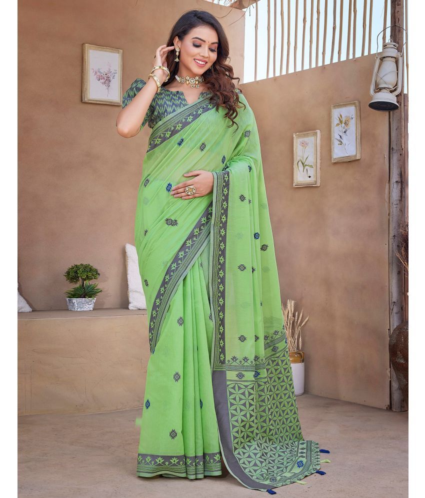     			Samah Cotton Silk Self Design Saree With Blouse Piece - Lime Green ( Pack of 1 )