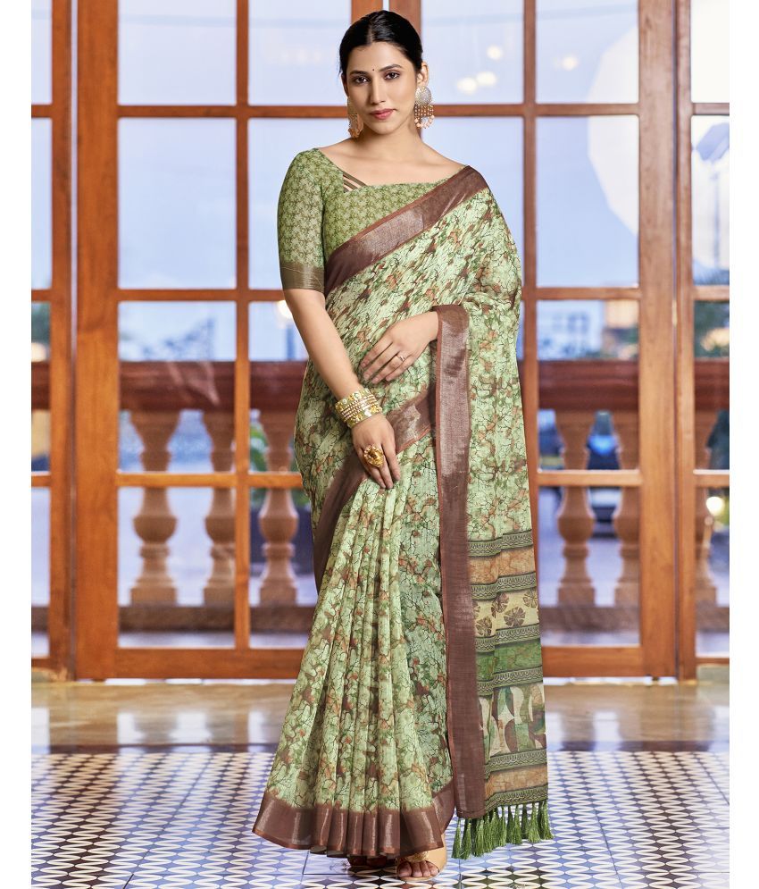     			Samah Linen Printed Saree With Blouse Piece - Light Green ( Pack of 1 )