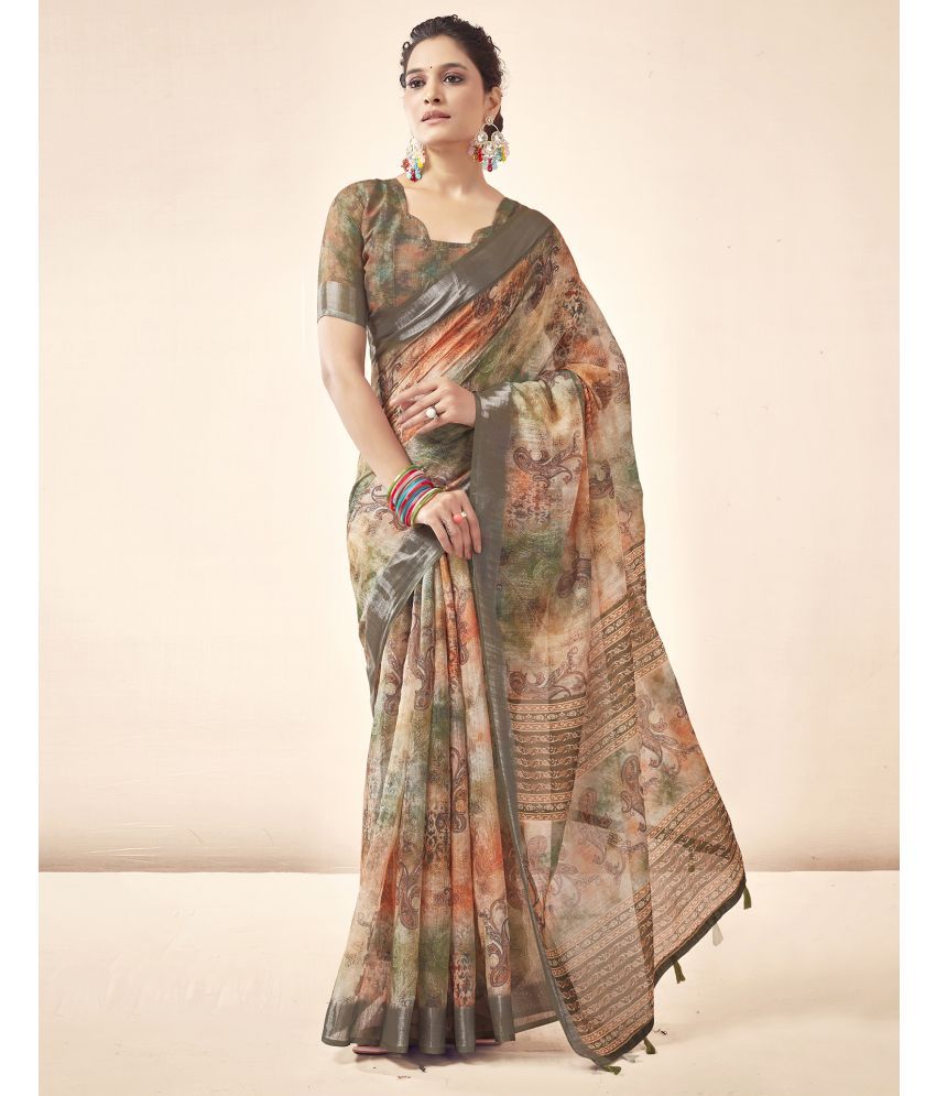     			Samah Linen Printed Saree With Blouse Piece - Beige ( Pack of 1 )