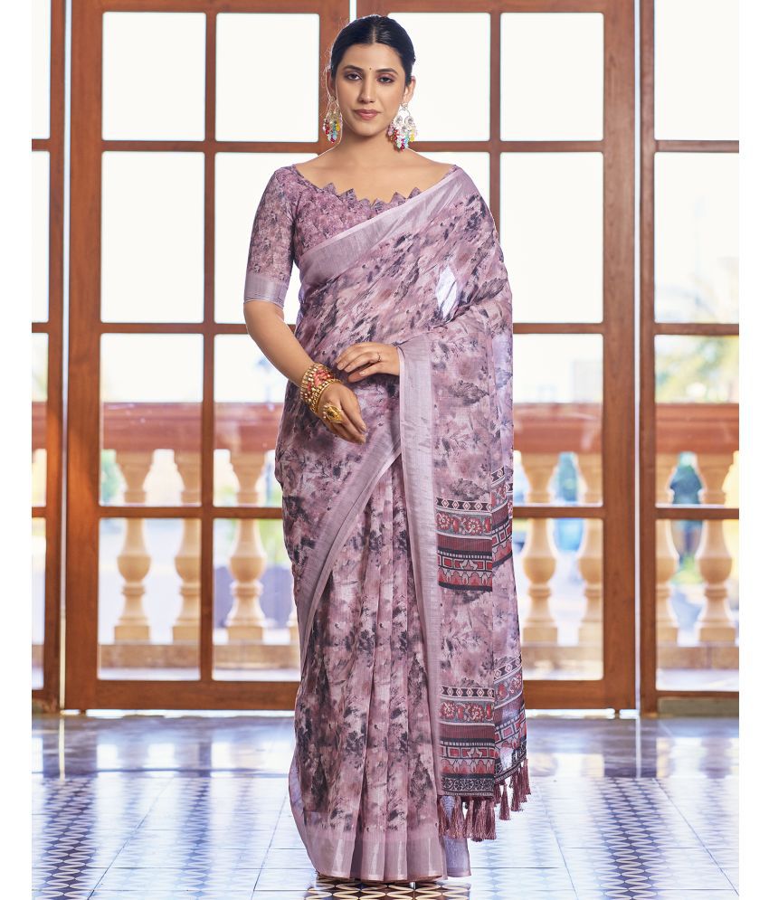     			Samah Linen Printed Saree With Blouse Piece - Pink ( Pack of 1 )