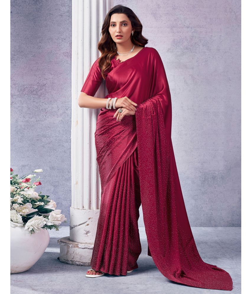     			Samah Satin Embellished Saree With Blouse Piece - Maroon ( Pack of 1 )