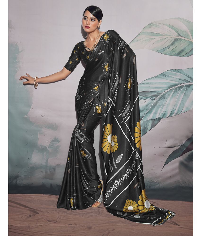     			Samah Silk Blend PRINTED Saree With Blouse Piece - Black ( Pack of 1 )