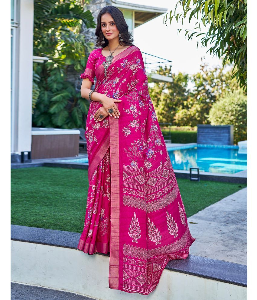     			Samah Silk PRINTED Saree With Blouse Piece - Pink ( Pack of 1 )