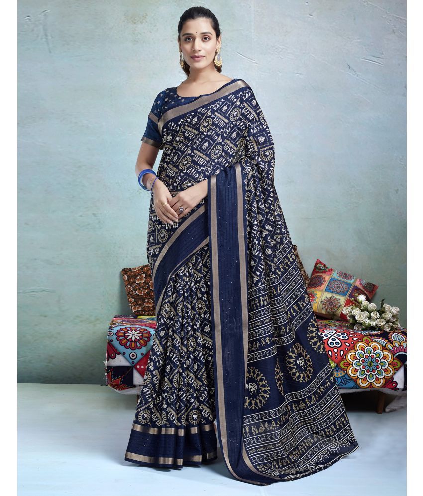     			Samah Silk PRINTED Saree With Blouse Piece - Navy Blue ( Pack of 1 )