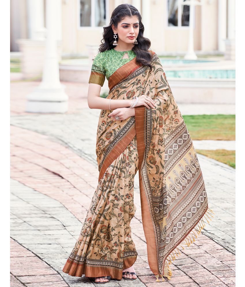     			Samah Silk Printed Saree With Blouse Piece - Beige ( Pack of 1 )