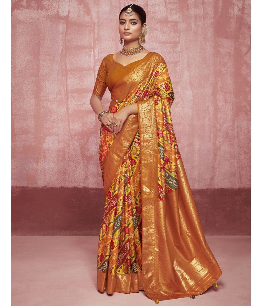     			Samah Silk Printed Saree With Blouse Piece - Mustard ( Pack of 1 )