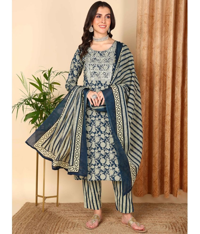     			Vaamsi Cotton Blend Printed Kurti With Pants Women's Stitched Salwar Suit - Navy Blue ( Pack of 1 )