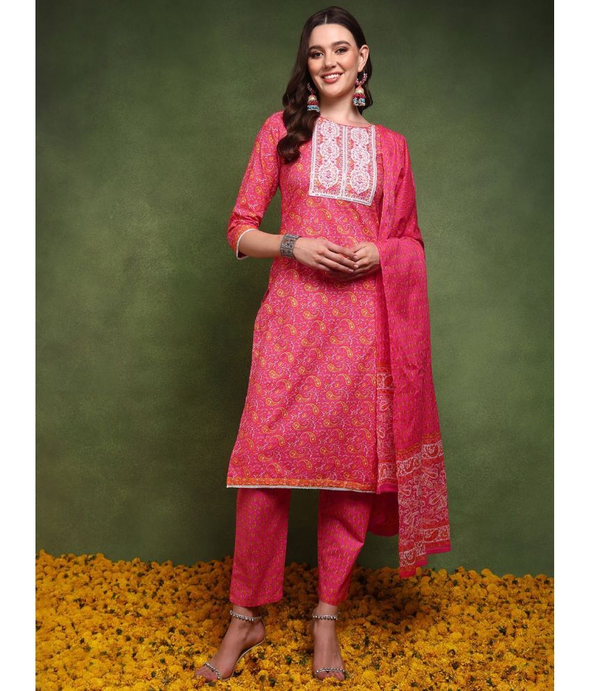     			Vaamsi Cotton Embroidered Kurti With Pants Women's Stitched Salwar Suit - Pink ( Pack of 1 )