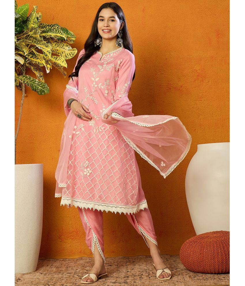     			Vaamsi Organza Embroidered Kurti With Dhoti Pants Women's Stitched Salwar Suit - Pink ( Pack of 1 )