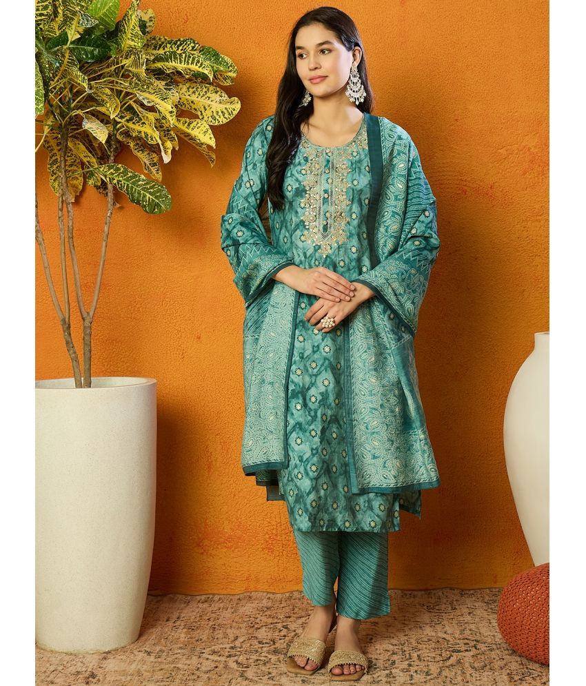     			Vaamsi Silk Blend Embellished Kurti With Pants Women's Stitched Salwar Suit - Sea Green ( Pack of 1 )