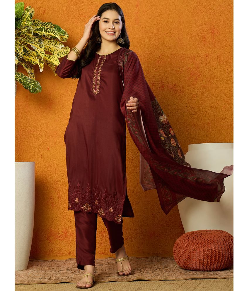     			Vaamsi Silk Blend Embroidered Kurti With Pants Women's Stitched Salwar Suit - Red ( Pack of 1 )