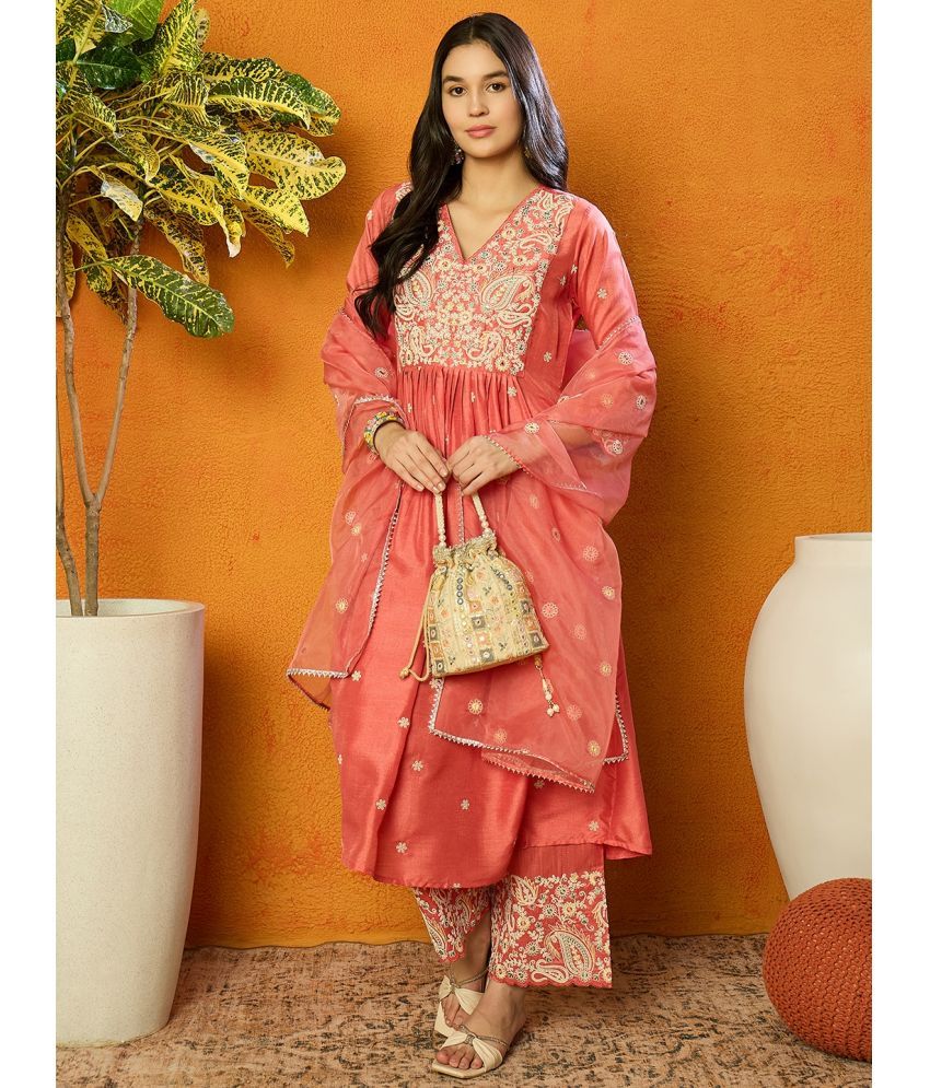     			Vaamsi Silk Blend Embroidered Kurti With Palazzo Women's Stitched Salwar Suit - Pink ( Pack of 1 )