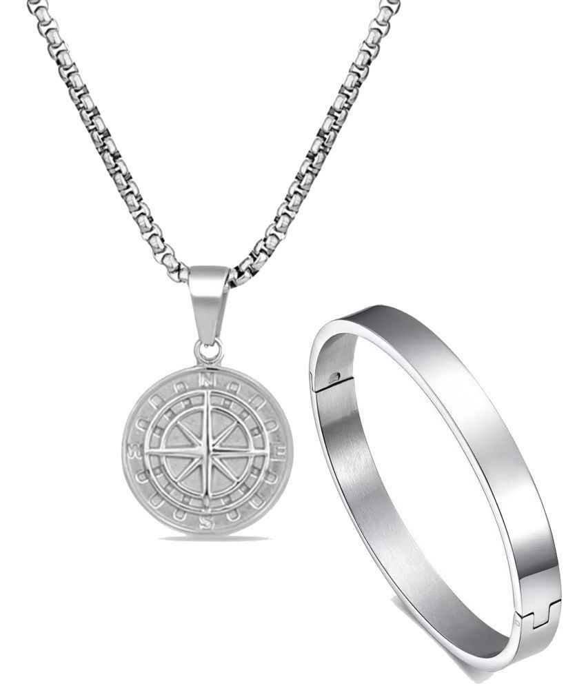     			Fashion Frill Silver Chain For Men Stainless Steel Compass Roman Silver Chain Pendant With Silver Bracelet For Men Boys Jewellery Combo