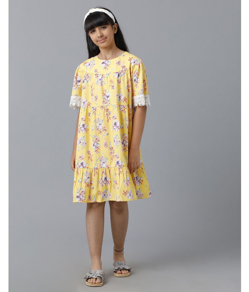     			Under Fourteen Only Yellow Cotton Girls Asymmetric Dress ( Pack of 1 )