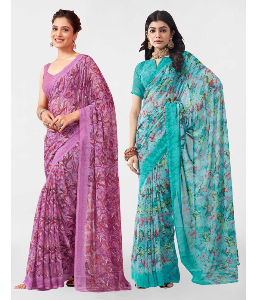     			Samah Georgette Printed Saree With Blouse Piece - Light Blue ( Pack of 2 )