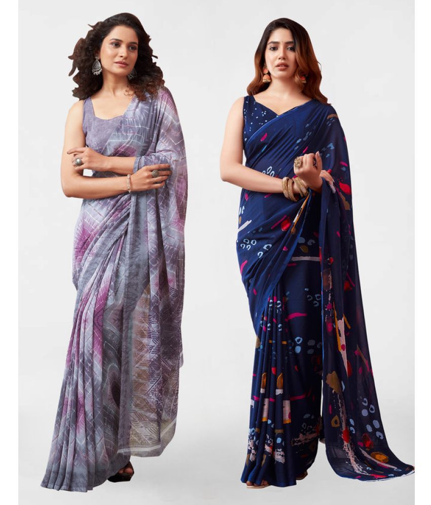     			Samah Georgette Printed Saree With Blouse Piece - Navy Blue ( Pack of 2 )