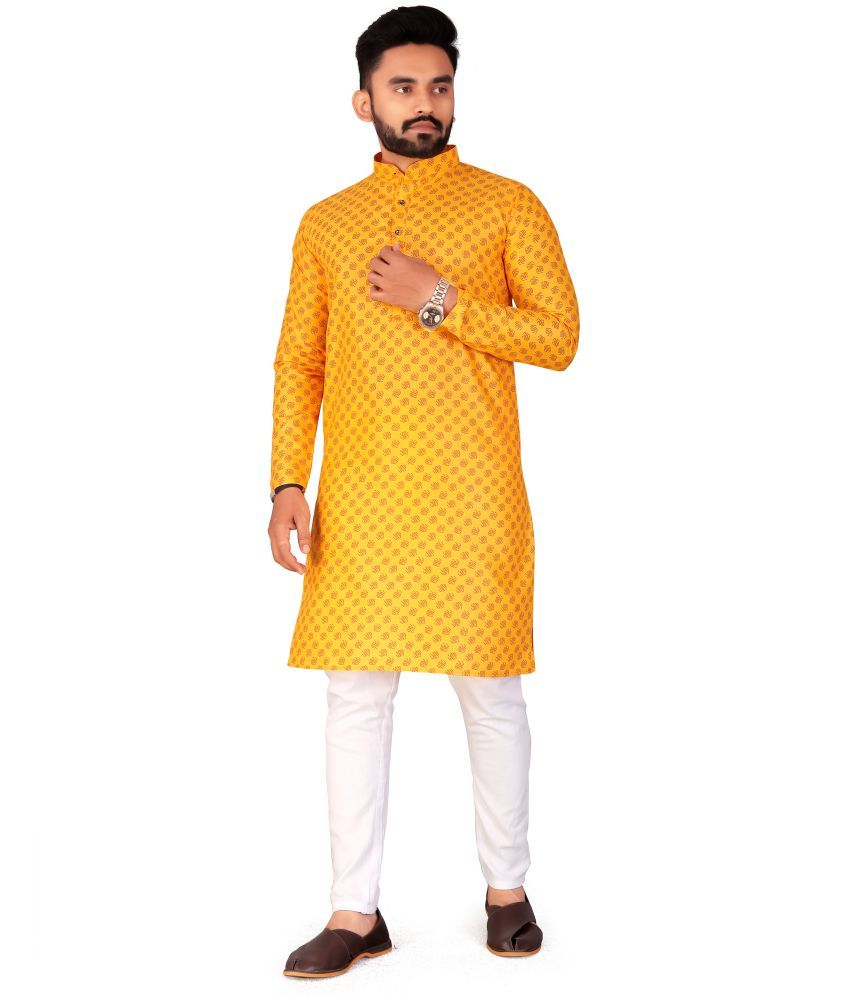     			FRELURO Yellow Cotton Blend Men's Regular Kurta ( Pack of 1 )