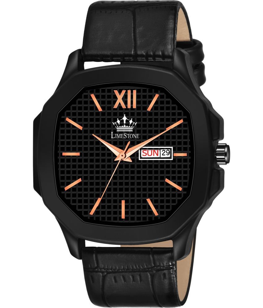     			LimeStone Black PU Analog Men's Watch