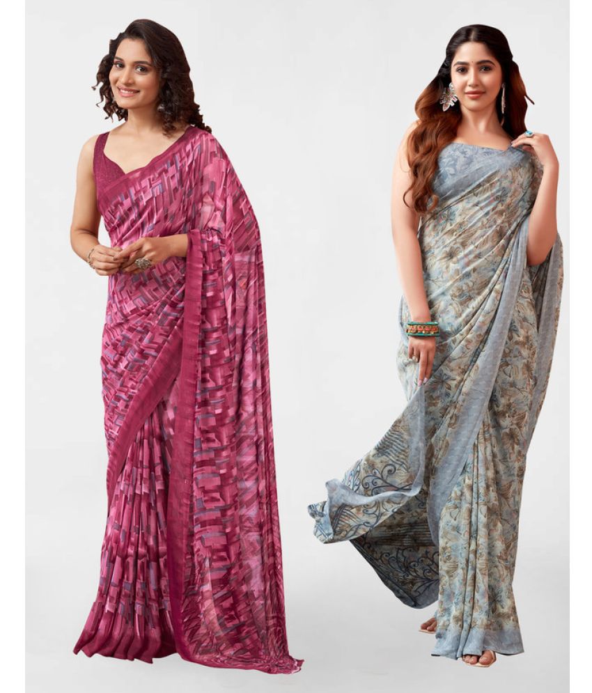     			Samah Georgette Printed Saree With Blouse Piece - Grey ( Pack of 2 )