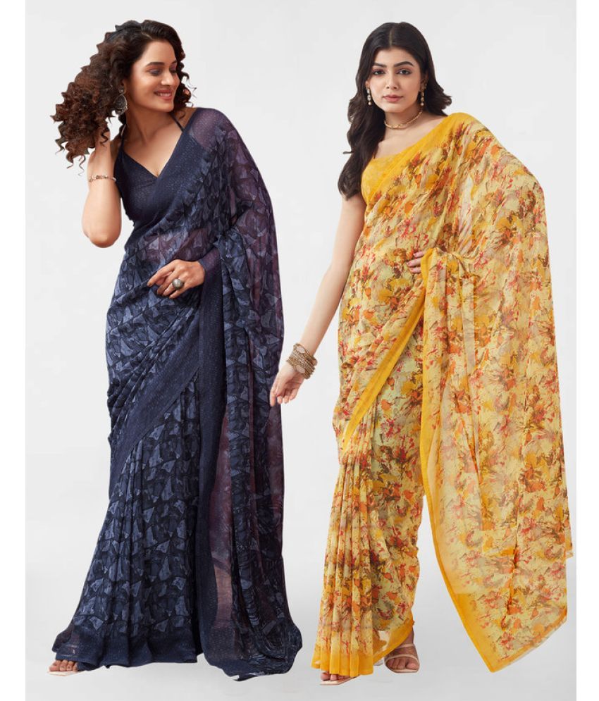     			Samah Georgette Printed Saree With Blouse Piece - Yellow ( Pack of 2 )