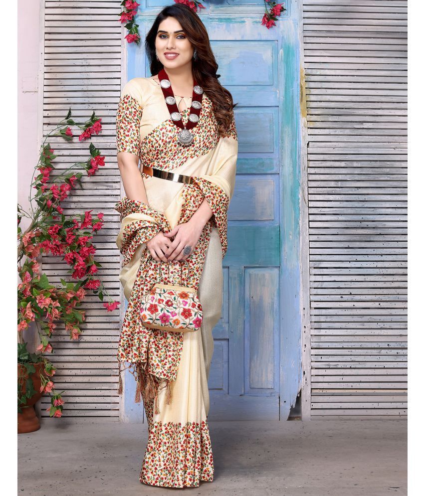     			Samah Silk Blend Printed Saree With Blouse Piece - Cream ( Pack of 1 )