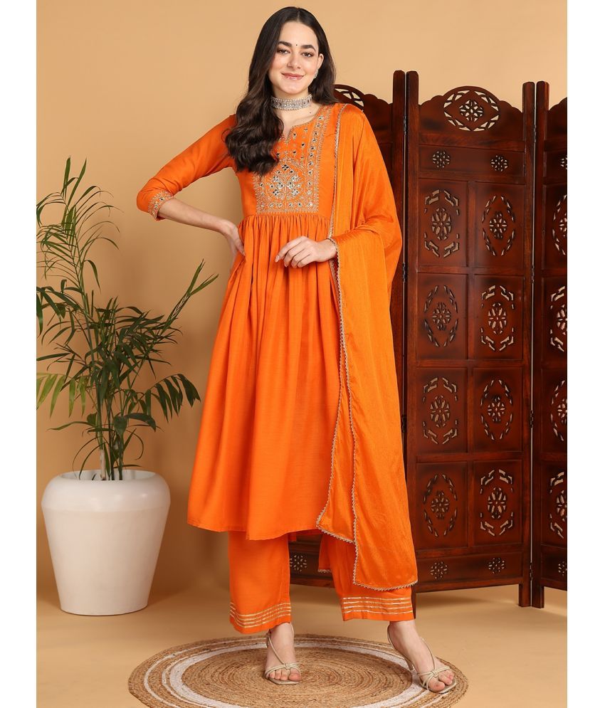     			Vaamsi Cotton Blend Embroidered Kurti With Pants Women's Stitched Salwar Suit - Orange ( Pack of 1 )