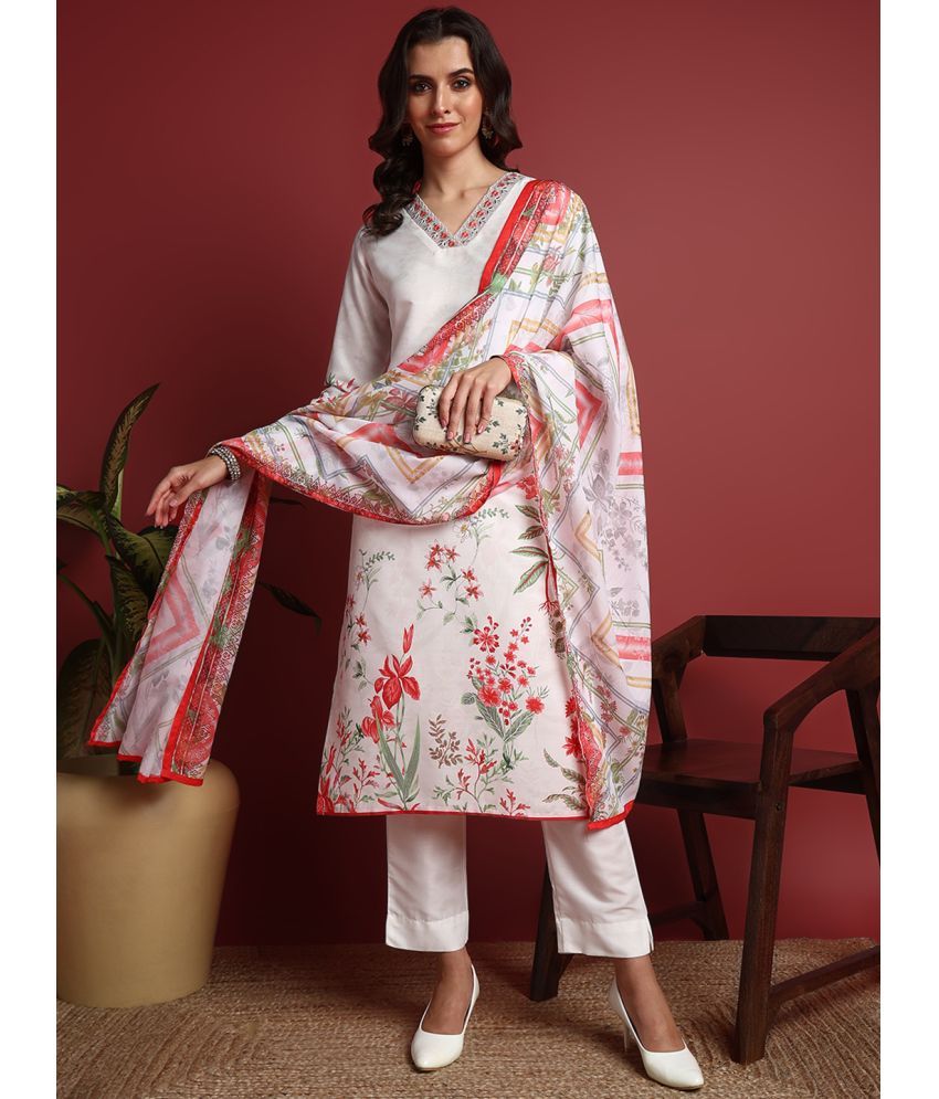     			Vaamsi Cotton Blend Printed Kurti With Pants Women's Stitched Salwar Suit - White ( Pack of 1 )