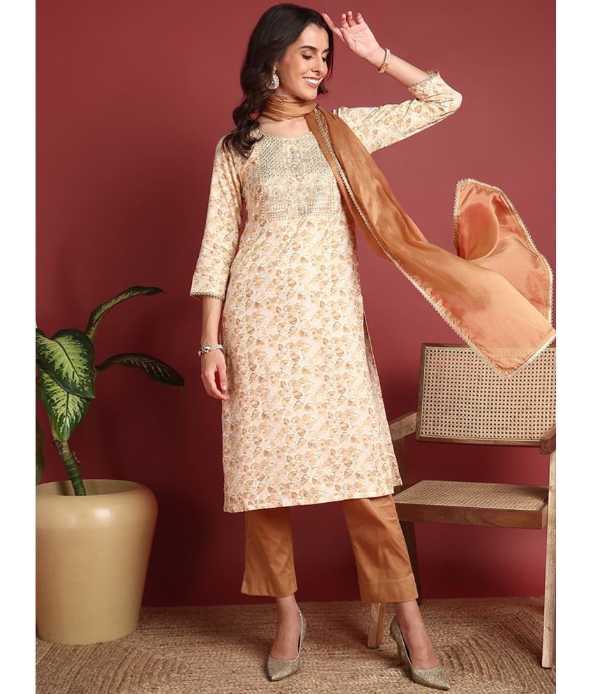     			Vaamsi Rayon Embroidered Kurti With Pants Women's Stitched Salwar Suit - Brown ( Pack of 1 )