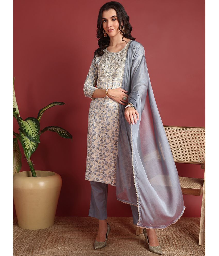     			Vaamsi Rayon Embroidered Kurti With Pants Women's Stitched Salwar Suit - Grey ( Pack of 1 )